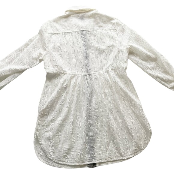 Free People White SeerSucker Blouse Sz 8 Button Tunic Top Floral Trim L/S White - Picture 7 of 13
